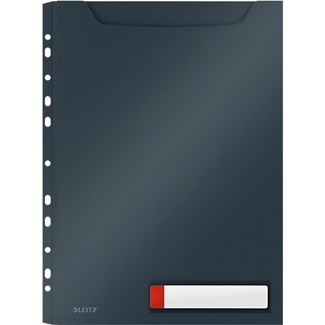 Blaues Ringbuch mit rotem Feld, weißem Label und LEITZ-Logo.