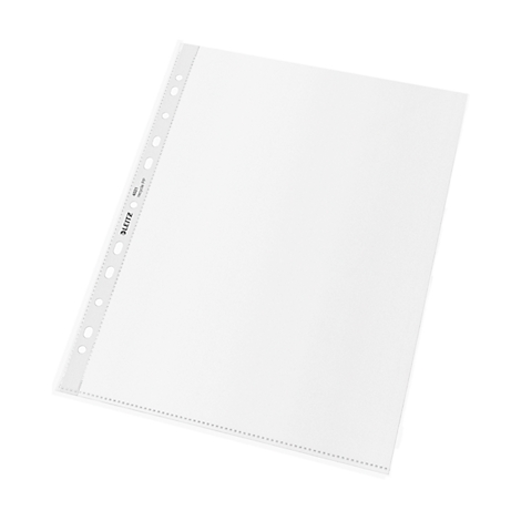 Transparente Klarsichthülle mit Lochrand. Der Lochrand trägt den Markennamen "LEITZ".