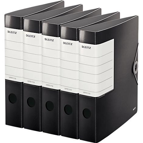 Five black file folders stand side by side. White labels with the Leitz logo are attached to the spines.
