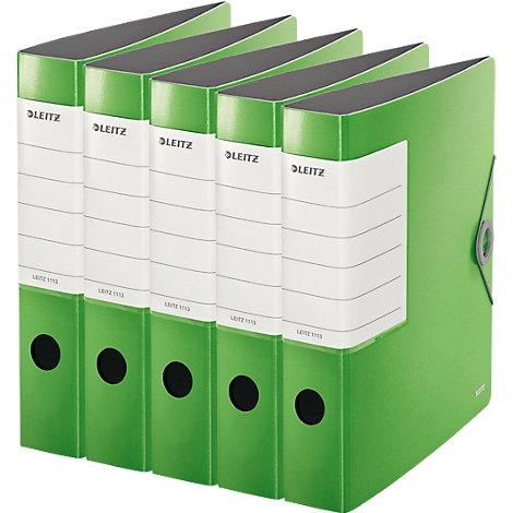 Five green folders side by side. Each folder says "LEITZ" and has a writable field. Black holes and metal closure.
