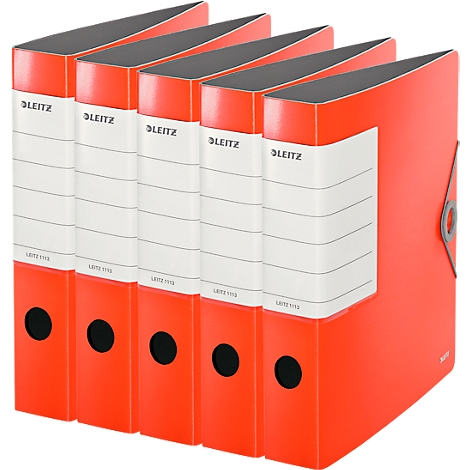 Five red Leitz binders, lined up next to each other. On each binder the Leitz logo and a label with lettering can be seen.