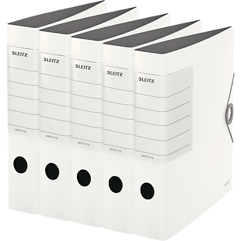 Five white Leitz file folders, black lids, round holes at the bottom. The Leitz lettering is printed on the spine.