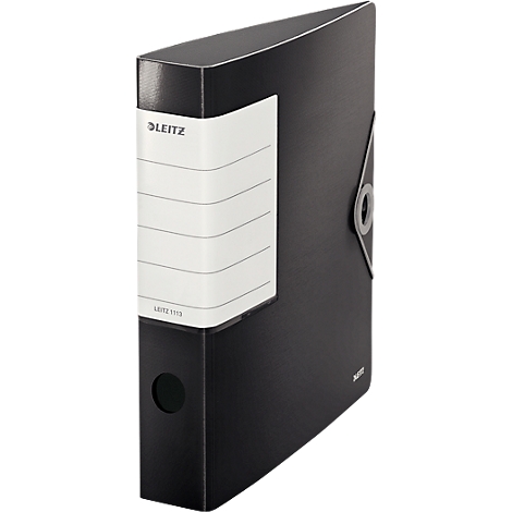 Black Leitz binder, side view with white label. The binder has a metal ring and a hole.
