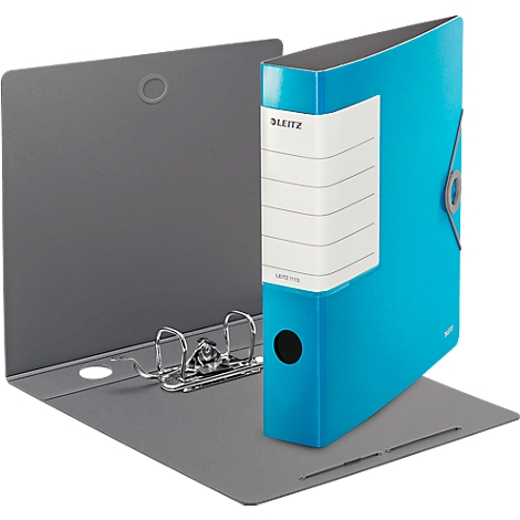 Blue Leitz binder with a white label and an open, gray folder. The binder stands on the open side. The brand name is visible on the label.