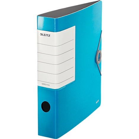 Light blue Leitz binder system with large label. Labelled "LEITZ" and model number.