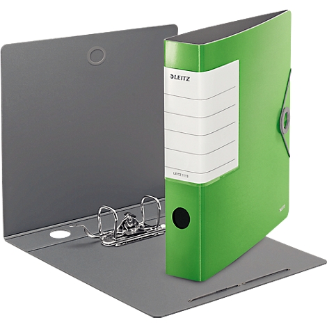 Green Leitz binder, open with silver clips.