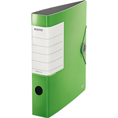 Green Leitz file folder, with a white label and black edge.