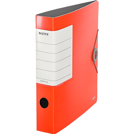Red Leitz binder with white label and lettering. There is a black hole on the spine.