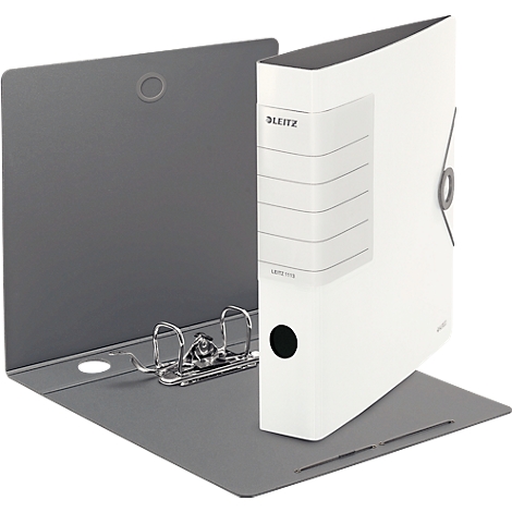 Binder in gray and white. The white binder stands in an open gray binder. Leitz is written on the white binder.