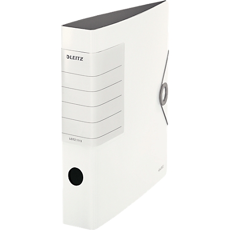 White Leitz binder, black buttonhole, gray metal bracket.