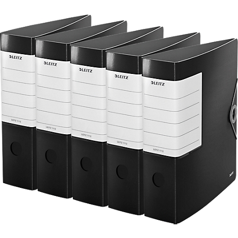 Five black lever arch files side by side. The front says 'LEITZ'.