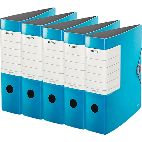 Five blue file folders with white labels, the "LEITZ" logo visible.