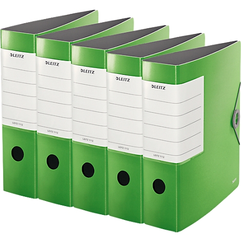 Five green lever arch files with white labels, the "LEITZ" logo is visible.