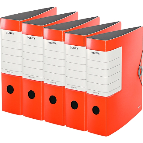 Five orange Leitz binders stand side by side. Labels with the Leitz logo can be seen on the front.