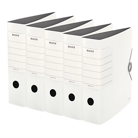 Five white file folders stand side by side. The Leitz logo and text can be seen on each, as well as a black round handle.