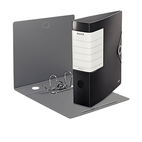 Leitz binder, open. The black binder stands next to the gray cover, label visible.