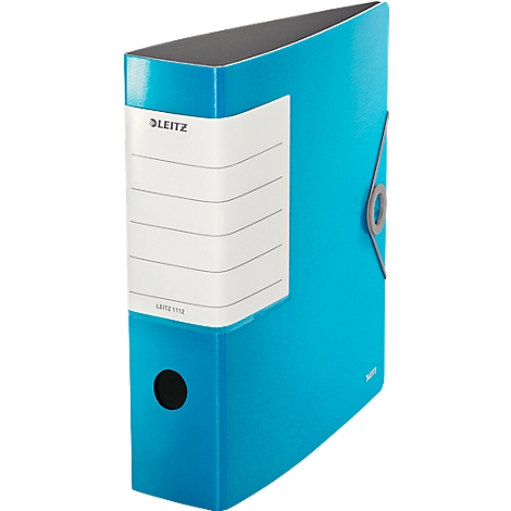 Turquoise Leitz file folder with white label, black hole and gray holder.