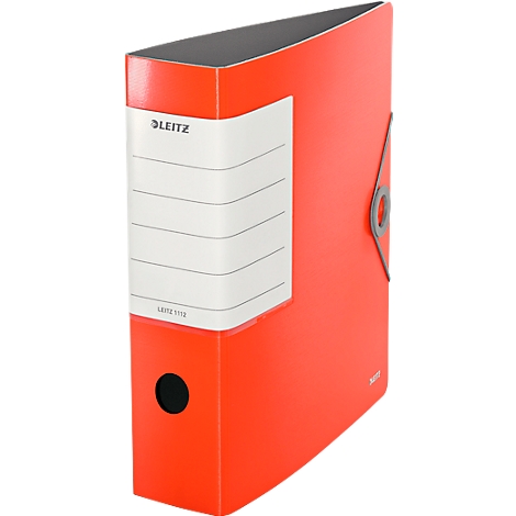 Red Leitz file folder with a large white label. A gray clasp on the side.