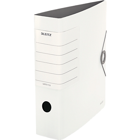 White Leitz binder with gray edge, handle hole and lettering.
