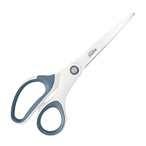 White scissors with blue-gray handles. The brand name Leitz is written on the blade.