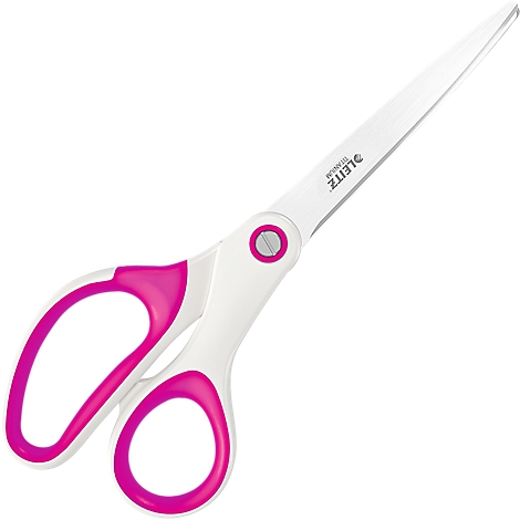 White scissors with pink handles. The blades are silver, with the Leitz logo.