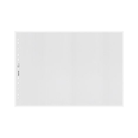 Een transparante insteekhoes, met gaten aan de linkerrand. Aan de linkerkant staat een kleine belettering.