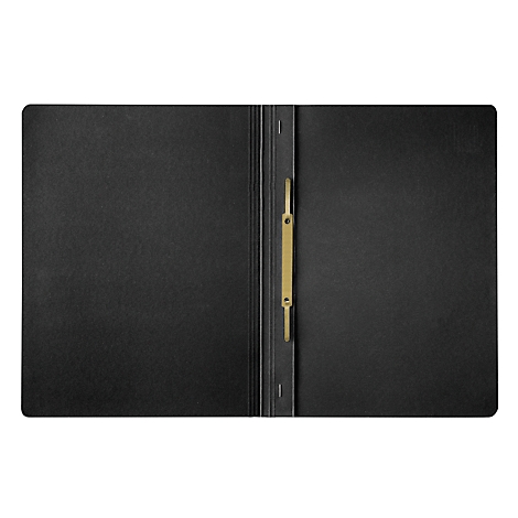 Open black file folder with gold clasp.