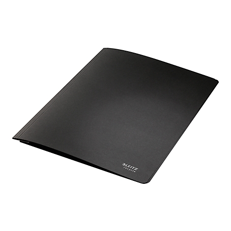 Black Leitz binder, slightly tilted against a white background. The lettering Leitz Premium can be seen at the bottom.