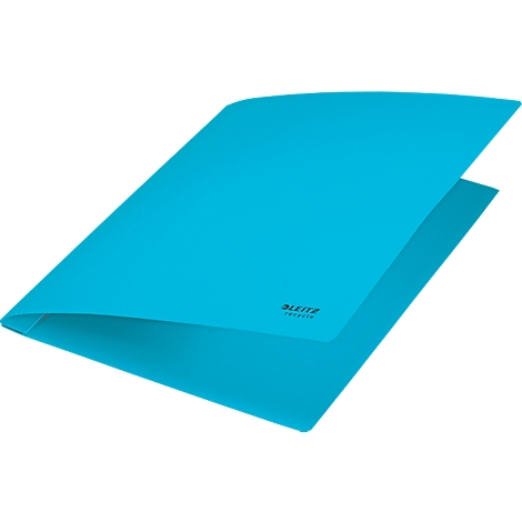 Turquoise open folder. The brand name Leitz can be seen on the lower part.