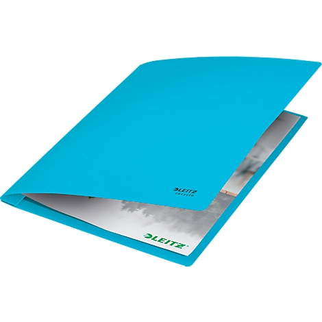 Turquoise folder, open, with Leitz logo and landscape image inside.