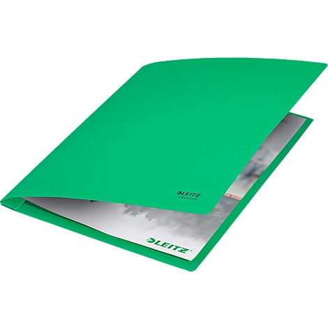 Open green Leitz presentation folder with a view of a picture inside.