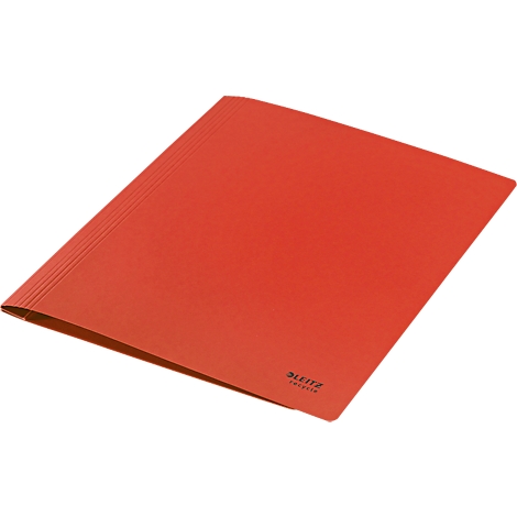 An open, red folder. Vertical grooves can be seen on the left. The brand name 'Leitz' is at the bottom right.