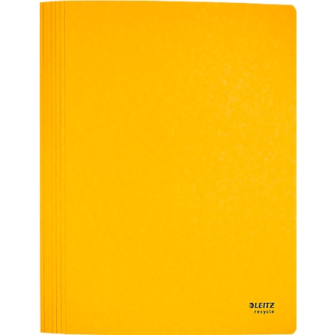 Yellow Leitz folder with bound sheets on the side. Bottom right: Leitz, recycle.