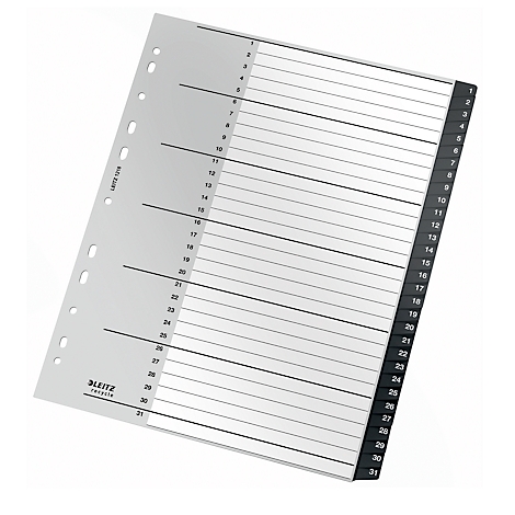 Graue, transparente Registerkarte mit schwarzen Linien und Zahlen. Das Leitz Logo ist sichtbar.