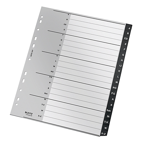 Graue, transparente Registerkarte mit schwarzer Schrift und Buchstaben von A bis Z. Die Marke LEITZ ist unten links abgebildet.