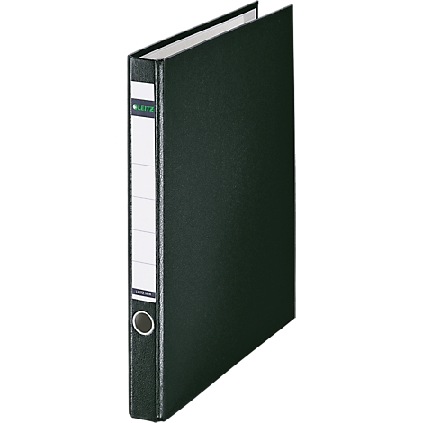 Dark green binder, standing sideways, with white label and the inscription "Leitz".