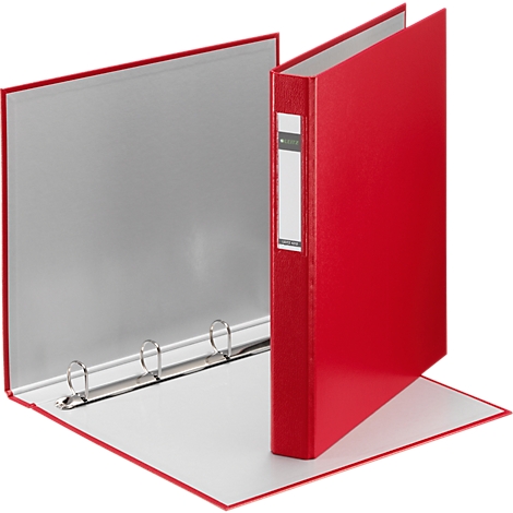 Open red binder with silver rings and a white label.