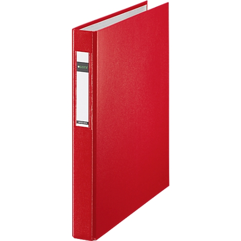 Red binder, partially open. On the spine is a white label with black writing.