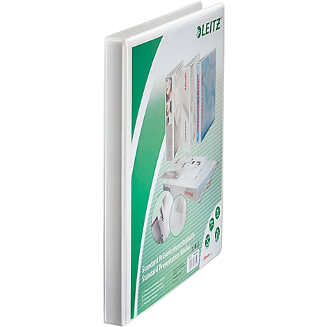 A white Leitz presentation binder with a green pattern and product illustrations. Text: Standard Presentation Binder.