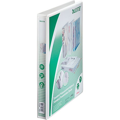 White binder with green logo and lettering. It shows the contents and design of the folders. "LEITZ" is written on the binder.