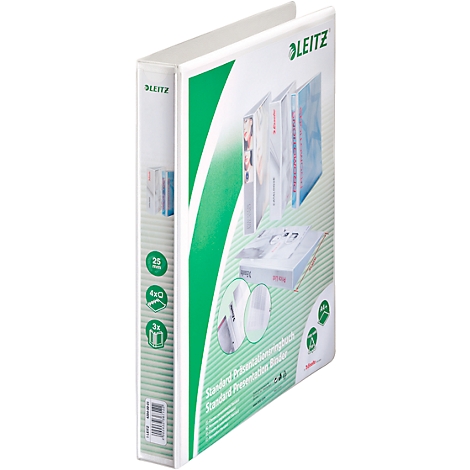 White Leitz ring binder with green logo and green elements. Inscription "Standard Presentation Binder".