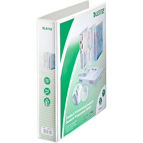 Ein weißer Leitz-Ordner mit grünen Akzenten, Produktbezeichnung, grüne Kreissymbole.