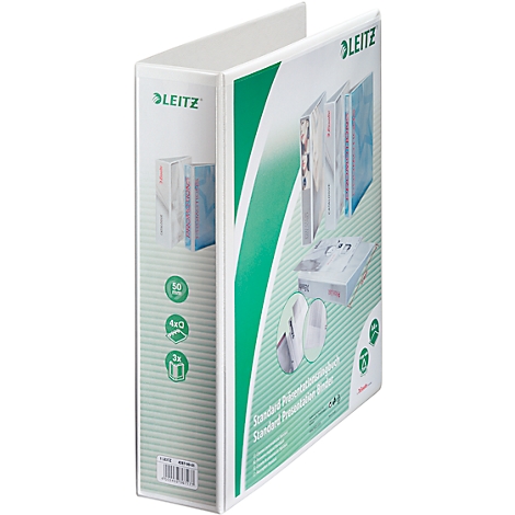 Weißer Ordner mit grünem Akzent und Leitz-Logo. Aufgedruckte Abbildungen von Ordnern und Text.