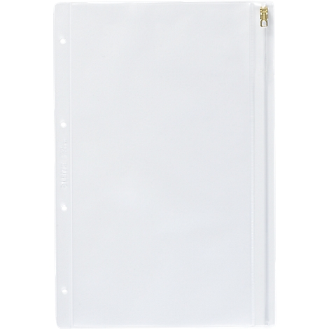 Transparente Kunststoffhülle mit Reißverschluss. An der Seite befinden sich drei Löcher. Der Reißverschluss ist goldfarben.