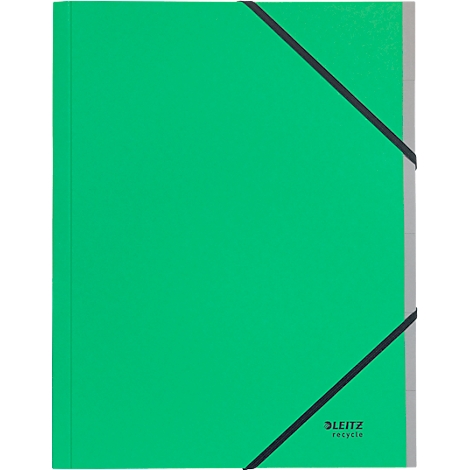Grüner Leitz Ordner mit schwarzem Gummibandverschluss, graue Seiten. Logo unten rechts.