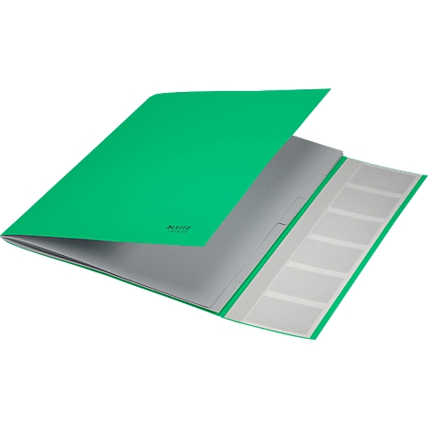Grüne Präsentationsmappe, offen, mit durchsichtigen Einschüben für Dokumente. Deckel teilweise aufgeklappt.