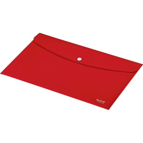 Rote Dokumententasche mit Druckknopfverschluss.