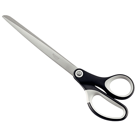 Schere mit schwarzen und grauen Griffen, scharf. Auf der Klinge steht 'BEZITZ'.
