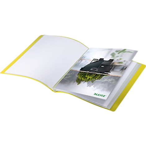 Gelbes Ringbuch geöffnet, in dem ein Fotoalbum eingelegt ist. Auf der Innenseite des Covers ist das LEITZ Logo zu sehen.