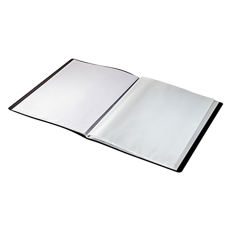 Offenes Fotoalbum mit leeren weißen Seiten. Schwarzer Einband, transparente Folientaschen für Fotos.